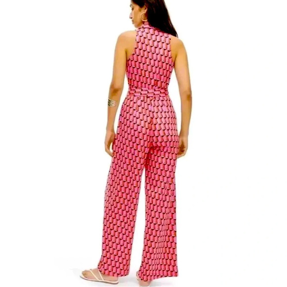 NWT DIANE VON FURSTENBERG Target Collared Sleeveless Pink Modern Geo Jumpsuit SM - Picture 2 of 13